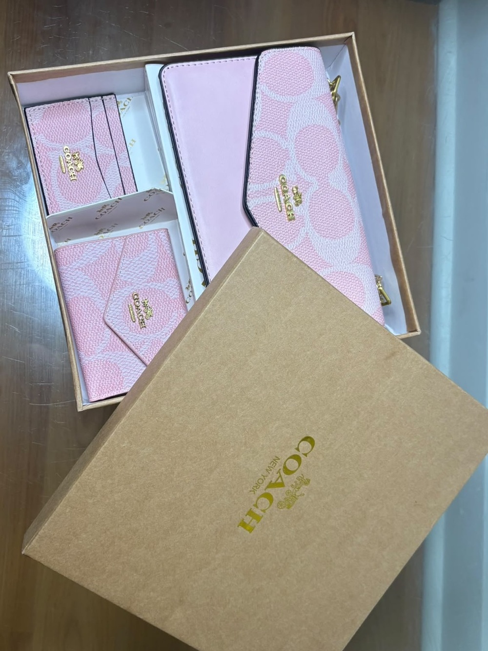Coach Pink Signature Leather & Canvas Wallet Set with Gold Chain Accents - Picture 2 of 4